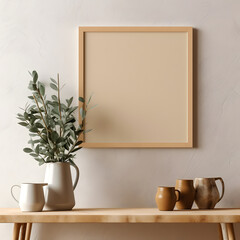 empty wooden picture frame poster mockup hanging on beige wa style 3