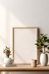 empty wooden picture frame poster mockup hanging on beige wa style 4