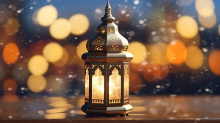Original traditional ornate oriental lantern with a beautiful bokeh of holiday lights and a mosque in the background.