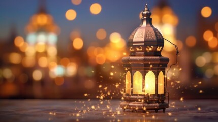 Fototapeta premium Original traditional ornate oriental lantern with a beautiful bokeh of holiday lights and a mosque in the background.