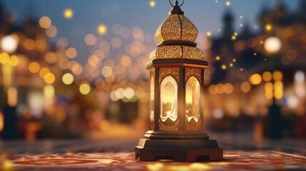 Original traditional ornate oriental lantern with a beautiful bokeh of holiday lights and a mosque in the background.