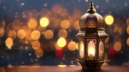 Original traditional ornate oriental lantern with a beautiful bokeh of holiday lights and a mosque in the background.