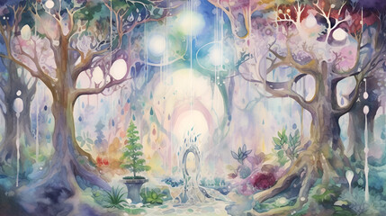 Obraz na płótnie Canvas Enchanted fairy forest. Fantasy magical mystic digital painting landscape. AI illustration for background, wallpaper, story and card design, book cover.