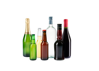 Alcoholic beverages, bottles collection. Martini, Vodka, beer, wine, champagne, liquor. Collection of bottles isolated on white background. Studio photography.