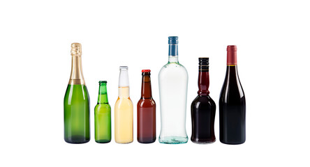 Alcoholic beverages, bottles. Martini, Vodka, beer, wine, champagne, liquor. Collection of bottles isolated on white background. Studio photography.