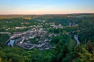 Aerial view on the Belgian city Bouillon in the Ardennes at the river Semois in the evening time.