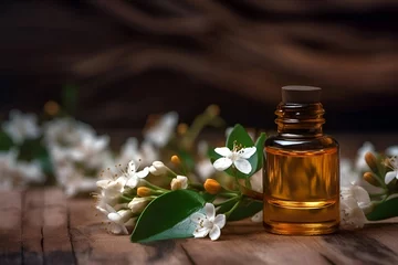 Foto auf Acrylglas Massagesalon Neroli essential oil with flowers on a wooden background, Generative AI 2