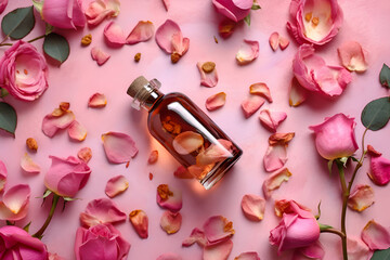 Rose essential oil on a pink background with flowers, Generative AI 2