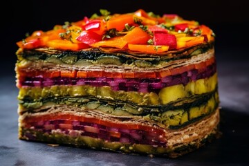 Fototapeta na wymiar Torte Pasqualina with layers of colorful vegetables and creamy filling