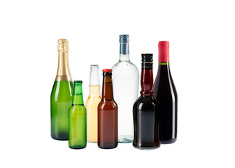 Martini, Vodka, beer, wine, champagne, liquor. Alcoholic beverages, bottles. Collection of bottles...