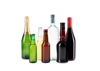 Martini, Vodka, beer, wine, champagne, liquor. Alcoholic beverages, bottles. Collection of bottles isolated on transparent background. Studio photography.