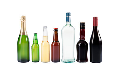 Liquor, Martini, Vodka, beer, wine, champagne. Alcoholic beverages, bottles. Collection of bottles isolated on transparent background. Studio photography.