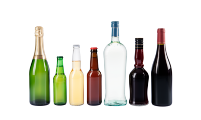 Liquor, Martini, Vodka, beer, wine, champagne. Alcoholic beverages, bottles. Collection of bottles isolated on transparent background. Studio photography.