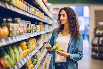 Woman choosing fruits in grocery store. Created with AI.