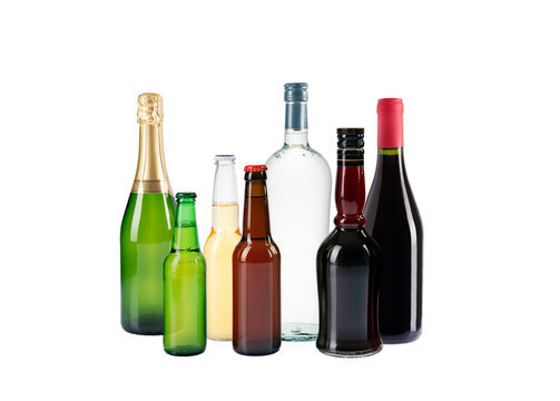 Martini, Vodka, beer, wine, champagne, liquor. Alcoholic beverages, bottles. Collection of bottles isolated on transparent background. Studio photography.