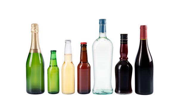 Liquor, Martini, Vodka, beer, wine, champagne. Alcoholic beverages, bottles. Collection of bottles isolated on transparent background. Studio photography.