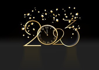 Gold Happy New Year 2023 logo with clock face and confetti glitter sparkles on black background. illustration.