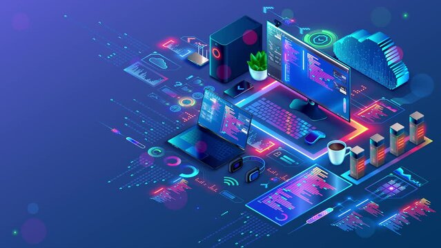 Computer software technology. 3d rendering isometric animated background. PC, laptop, phone , tech symbols of apps, development software of mobile devices, desktop computer. Computer tech background