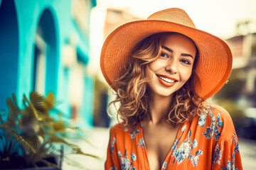 portrait of young woman in summer resort, travel concept. Young woman in hat traveler enjoying summer vacations. generative AI