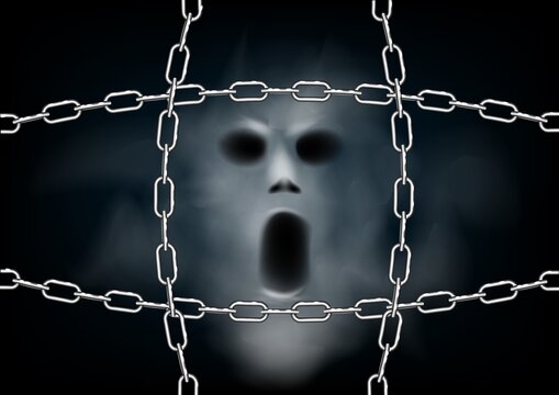the head of the ghost behind a grid of chains, a realistic illustration.