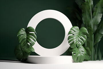 Generative AI. white podium in form of circle on green background with monstera leaves.mock up for exhibition, presentation of goods , product display