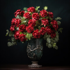 Beautiful red and white roses on a antique vase
