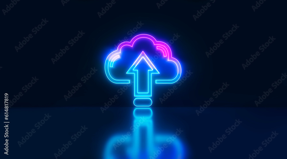 Poster neon cloud upload data neon sign in blue with reflection background. cloud technology.