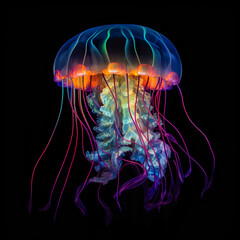 Glowing jellyfish swim deep in blue sea. Neon jellyfish. Medusa neon jellyfish fantasy on black background. Realistic 3D illustration. Generative AI