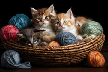 Fluffy kittens in the basket with yarn balls. 
