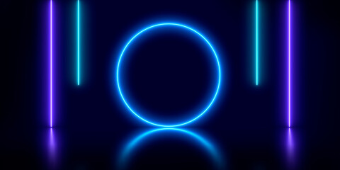 Neon blue round frame background. circle, ring shape, empty space, ultraviolet light.