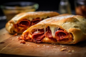 calzone sliced in half, revealing a gooey cheese and pepperoni filling