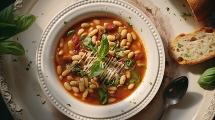 Pasta e Fagioli served on a white plate, taken from above, showcasing the beans and pasta in the dish