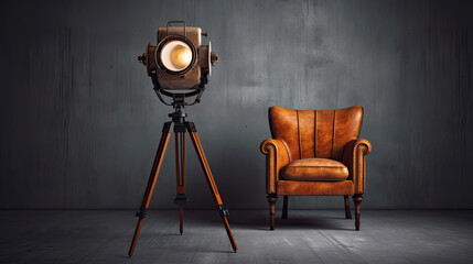 Vintage armchair in loft with tripod lamp. Generative AI