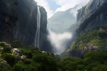 Waterfall in the mountains, Nature's Symphony: The Captivating Power and Tranquility of a Majestic Waterfall, Where Towering Cliffs Meet Lush Greenery and Mist-Filled Air
