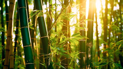 A serene bamboo forest stretches endlessly with beauty sunlight. Generative AI