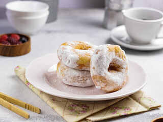 Delicious donuts with powdered sugar served in plate. Selective focus