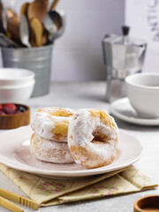 Delicious donuts with powdered sugar served in plate. Selective focus
