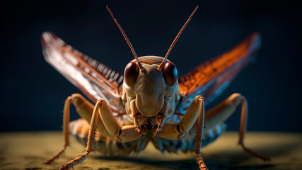 A single brown locust grasshopper close portrait. Macro shot, Generative AI - obrazy, fototapety, plakaty