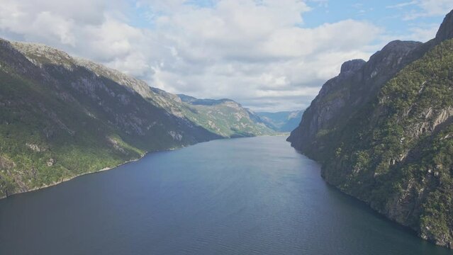 Flying over a fjord near Manafossen Norway