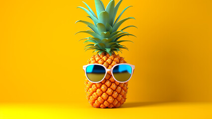 One whole hipster pineapple with sunglasses on yellow background. Generative AI