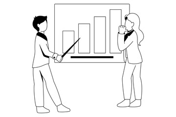 Data discussion illustration, digital marketing, business success. Brainstorming, teamwork. Data discussion for report development. Outline, vector