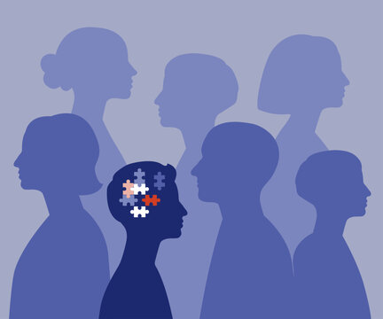 Autism spectrum disorder illustration. Crowd silhouette including one different person. Neurodiversity concept.