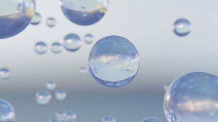 Bubbles of blue serum on a blurry background. Design of collagen bubbles. Essentials of Moisturizing and Serum Concept. Concept of vitamins for beauty and health. 3D rendering