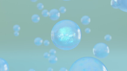Bubbles of serum on a blurry background. Design of collagen bubbles. The concept for Moisturizing Cream and Serum. Concept of vitamins for beauty and personal care. 3D rendering