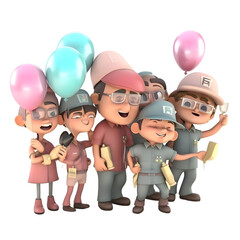3D illustration of a group of children and a policeman with balloons