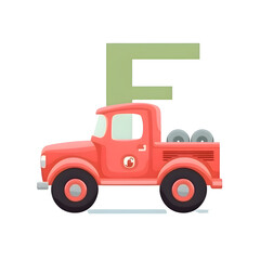 Colorful vector illustration of a cartoon red car with letter F.