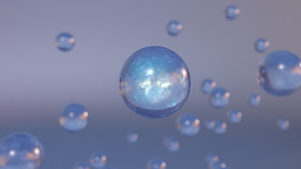 3D cosmetic rendering Bubbles of serum on a blurry background. cosmetics design with a miracle bubble. Transparent balls, creative bubbles, and holographic liquid blobs floating in space.