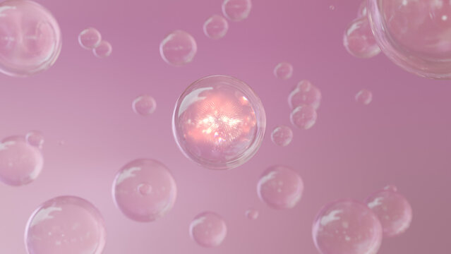 Serum bubbles in pink on a fuzzy background. collagen bubble design. Moisturizing Cream and Serum Concept. 3D rendering