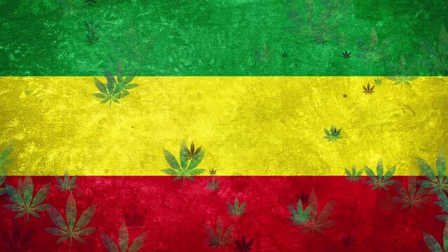 A large amount of cannabis slowly floating on Rastafari flag background. Green and brown color marijuana cannabis icons on Rasta Flag. Design mockup, smoke weed drug, ritual of Rastafari ganja concept