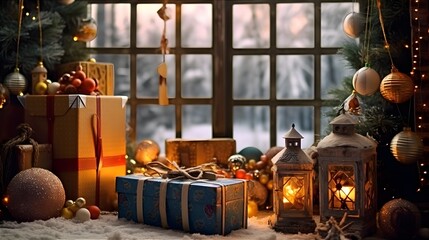 New Year's Gifts And Decorations Standing On The Floor Near The Large Window. Illustration On The Theme Of Holidays And Decorations, Seasons And Gifts.  Generative AI